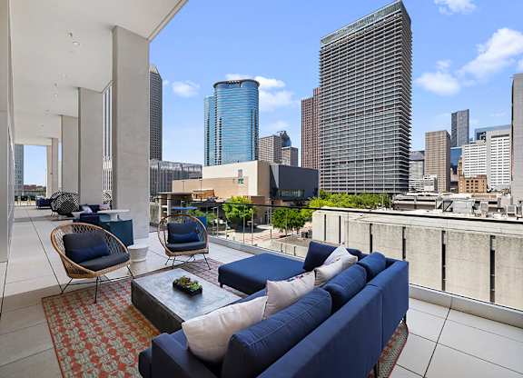 Social Terrace Seating Area Reverse View at 1810 Main Apartments in Houston TX