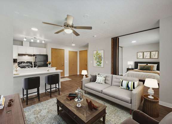 Model living room and Kitchen at Meridian Court Apartments in Federal Way WA