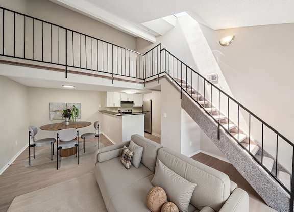 Staged Loft Living Room and Kitchen at Sky Rock Apartments in Longmont CO