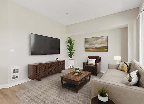 Renovated living room at Riverpark Apartments in Redmond WA