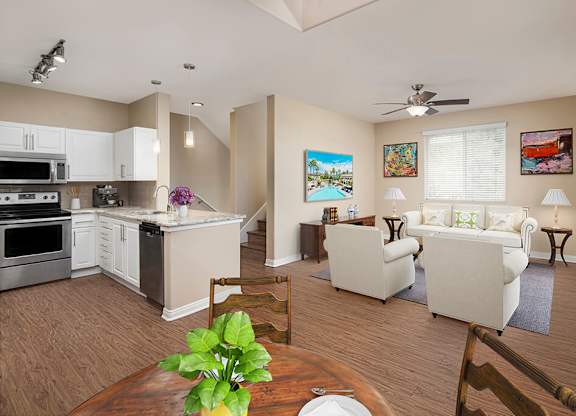 Dining area and kitchen at Cresterra Apartments in San Marcos CA