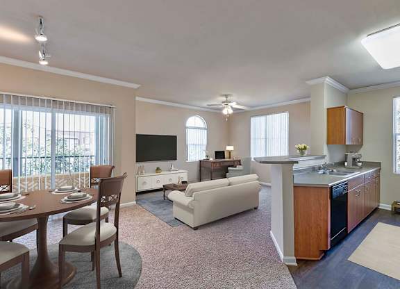 Kitchen and living area at Landara Apartments in Ontario CA