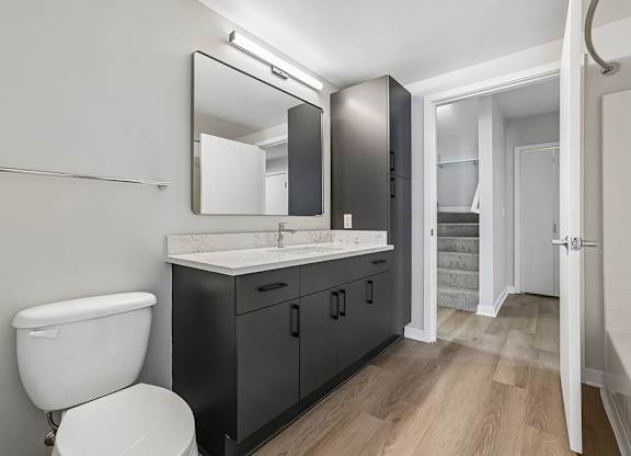 A bathroom with a white toilet and a sink with a mirror above it.