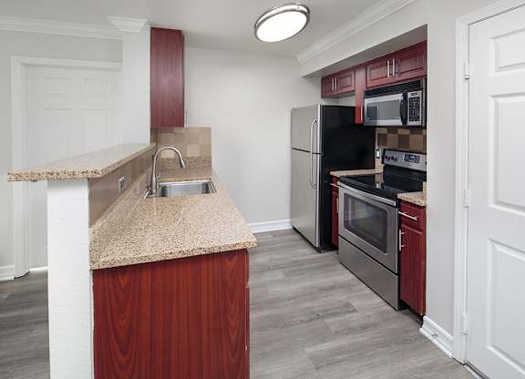 Vacant Cherry Cabinets Kitchen at il Palazzo Apartments in San Diego CA