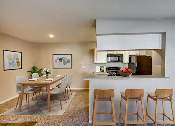 Virtual Staged Model Kitchen and Dining at Sienna at Cherry Creek Apartments in Denver CO