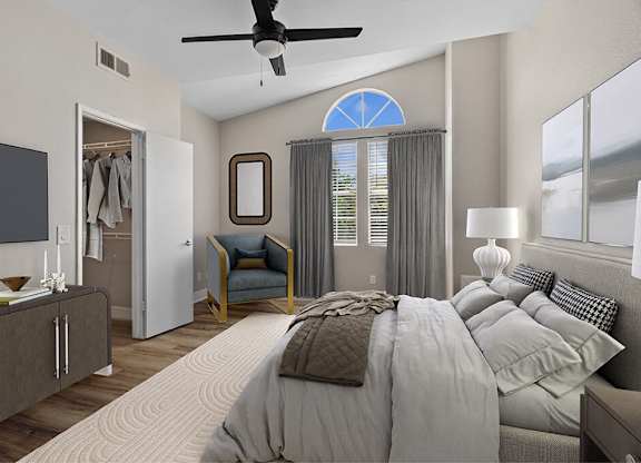 Virtually Staged New Renovated Primary Bedroom at Marquessa Villas Apartmetns and Townhomes in Corona CA