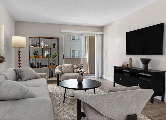 Renovated living room at Deerwood Apartments in Corona CA