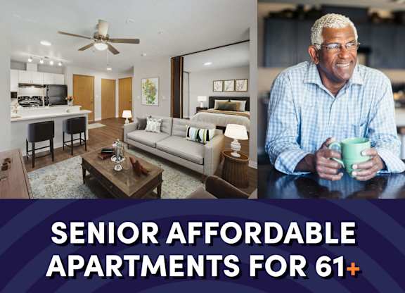 Photo of interior of apartment with text that reads senior affordable apartments for ages 61 plus