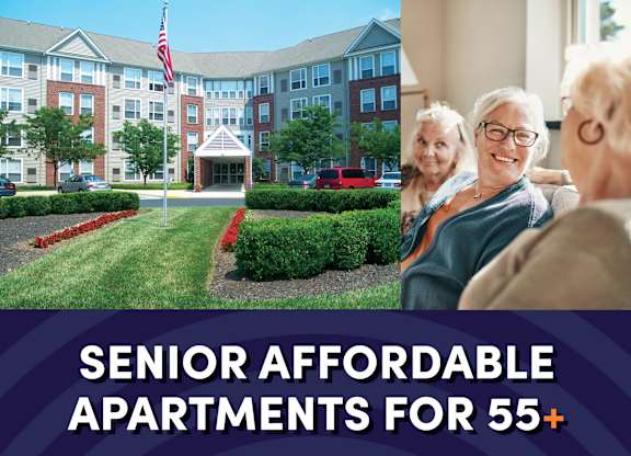 an image of an older couple sitting in front of an apartment building with the text senior affordable