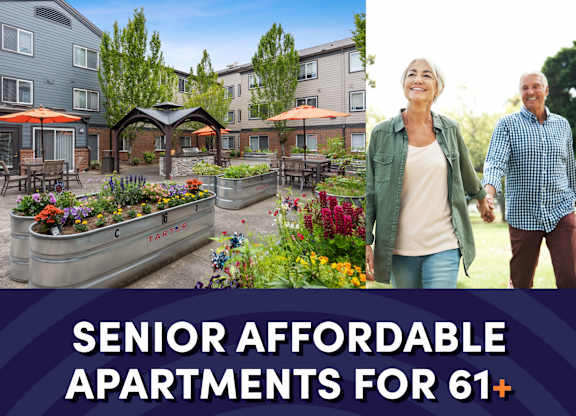 Photo of courtyard with text that reads senior affordable apartments for ages 61 plus