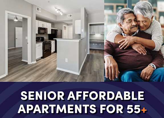 Photo of a man and a woman sitting in an apartment with the text senior affordable apartments for 55 plus