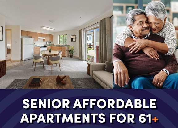 Photo of interior of apartment with text that reads senior affordable apartments for ages 61 plus