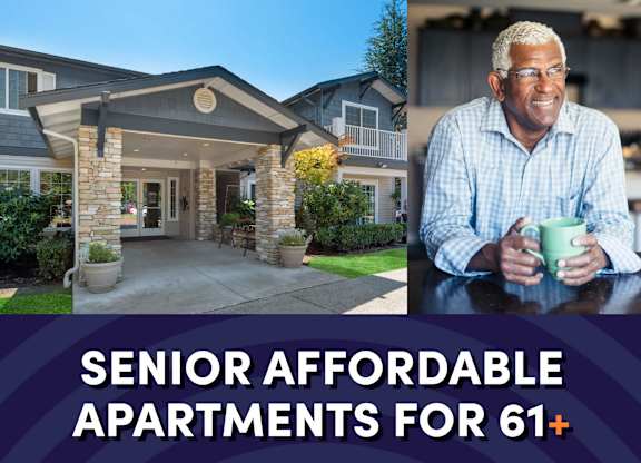 Photo of entrance of leasing office with text that reads senior affordable apartments for ages 61 plus