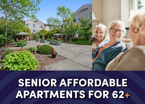 Photo of exterior courtyard with text that reads senior affordable apartments for ages 62 plus