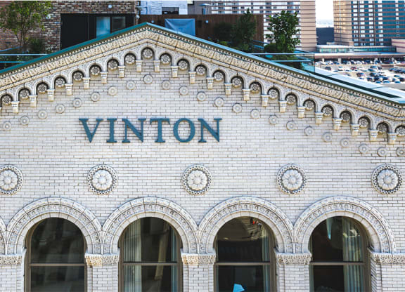 Aerial view of Vinton with signage and architectural details.