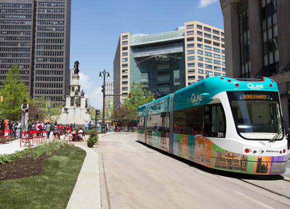 Qline tram transportation in Downtown Detroit.