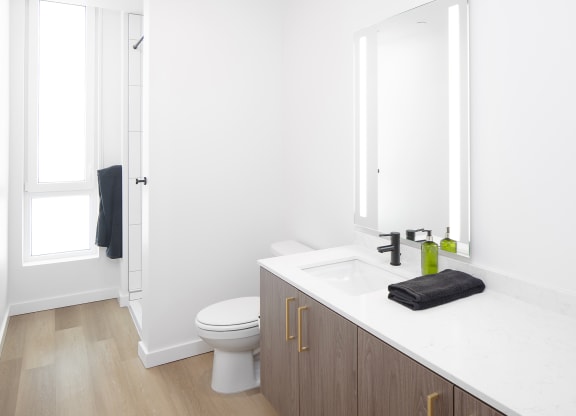 a bathroom with a sink and a toilet at The Weidler in Portland, OR 97209