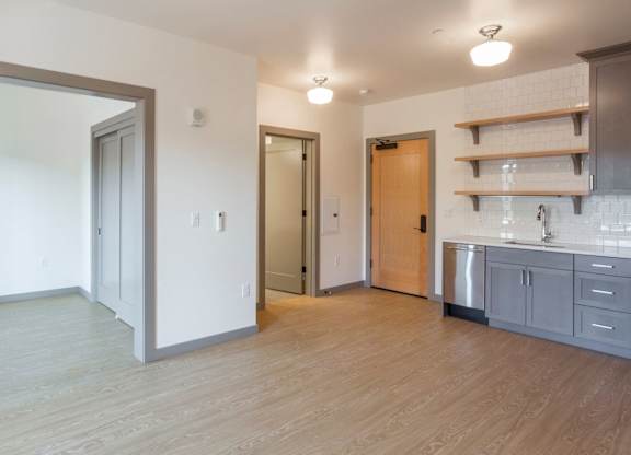 A kitchen area with a sink, cabinets, and a countertop.
