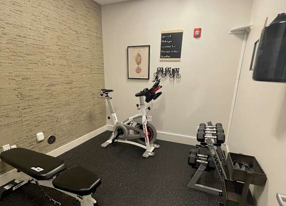 A gym room with a bench, weights, and a wall-mounted TV.