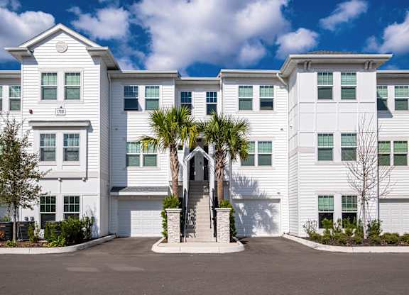 A white building with a palm tree in front.