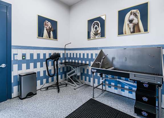 A room with a blue and white checkered floor and a table with a black bag on it.
