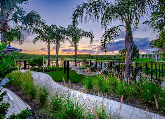 A beautiful garden with palm trees and a hammock.