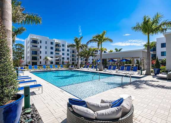 A pool area with lounge chairs and palm trees.