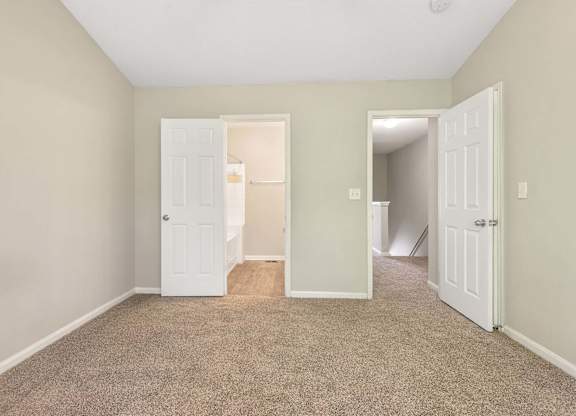 A room with a carpeted floor and two white doors.