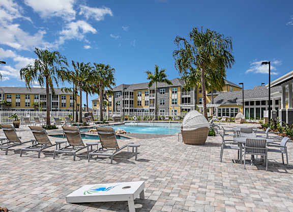 A sunny day at the poolside with chairs and palm trees.