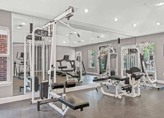 Pet-Friendly Apartments In Fairburn, GA - Orchard Springs Apartment Homes - A Bright Community Fitness Center With A Large Wall Mirror, Professional Weight Machines, And A Treadmill.