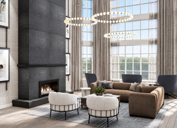 A modern living room with a fireplace and a large window.
