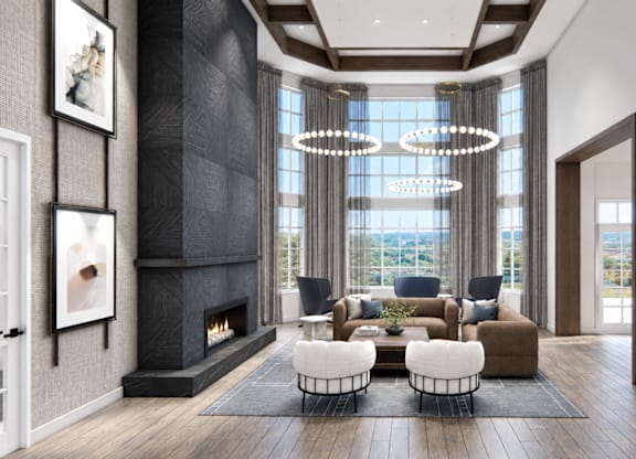 A modern living room with a fireplace and a view of the city.