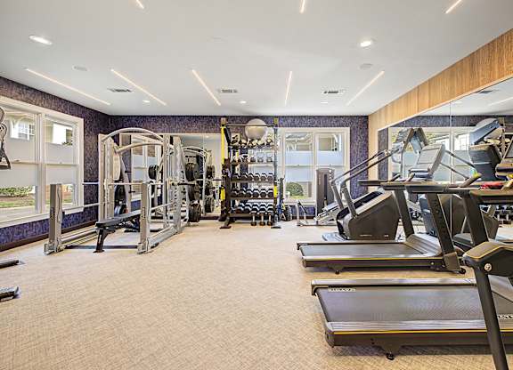 A gym with treadmills, weights, and exercise equipment.