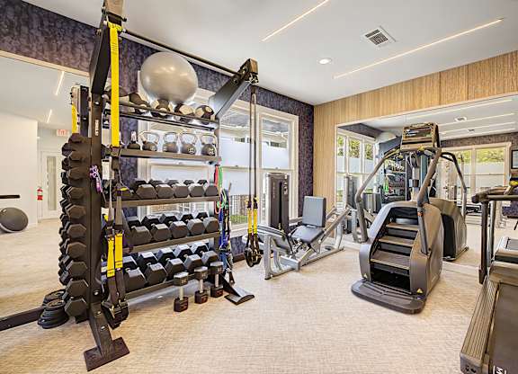 A gym with a variety of equipment including a leg press machine, a squat rack, and a treadmill.