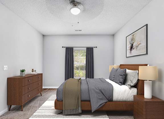 Dog-Friendly Apartments In Fairburn, GA - Orchard Springs Apartment Homes - A Modern Bedroom With A Cognac Leather Bed, Dark Grey Curtains, And A Mid-Century Style Wood Dresser.