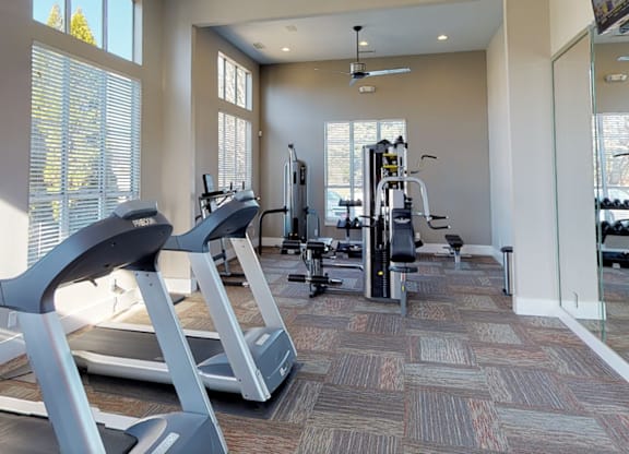 Charlotte, NC, Apartments Near Target - Coffey Creek - A Fitness Center With Treadmills, Strength Training Equipment, Ceiling Fans, Large Windows With Blinds, And A Wall Mirror.