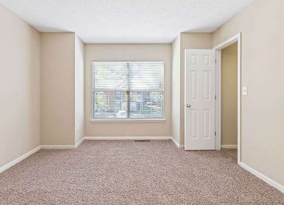 A room with a carpeted floor and a window with blinds.