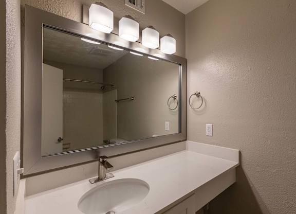 A bathroom sink with a mirror above it.