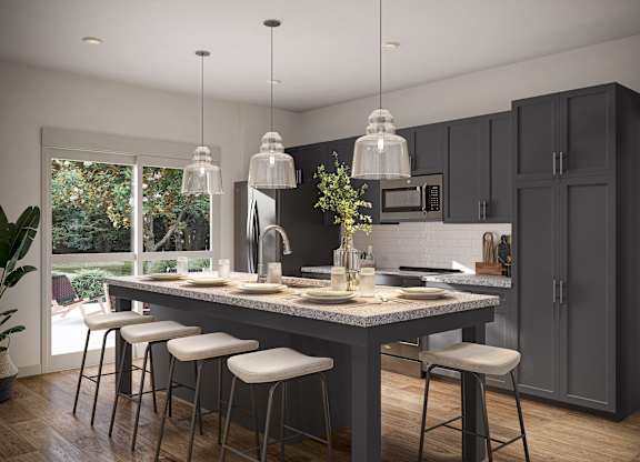 a rendering of a kitchen with an island and bar stools