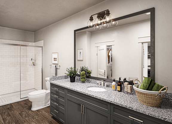 a bathroom with a large mirror and a sink at Allier Port Wentworth Apartments, Port Wentworth 31407