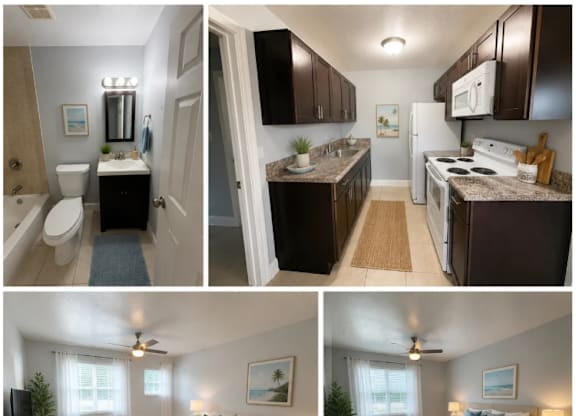 A series of images showing a bathroom, kitchen, living room, and bedroom.