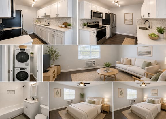 A series of images showing a modern kitchen, living room, and bedrooms.