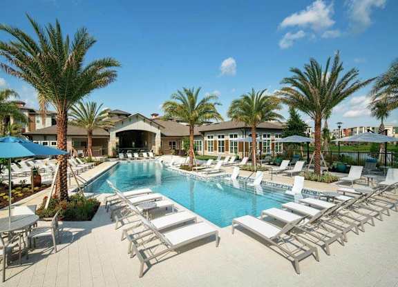 Resort style pool and lounge chairs