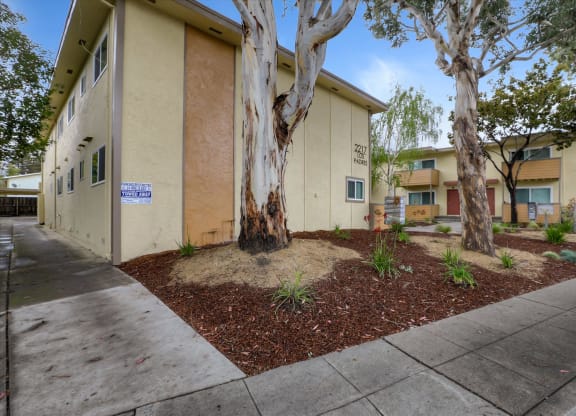 a building with trees and a sidewalk in front of it