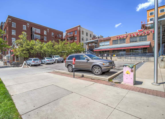 a parking lot in front of a building