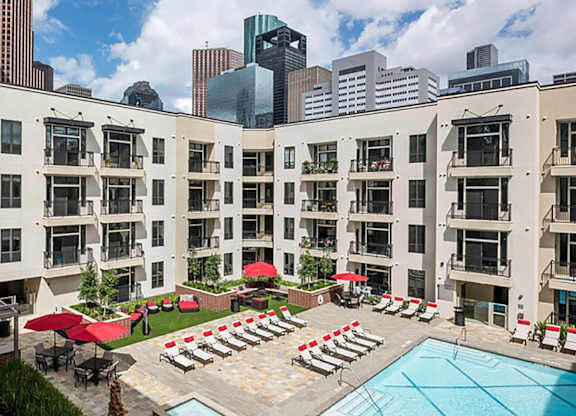 Aerial view of Outdoor swimming pool at Block 334 Apartments in Houston TX