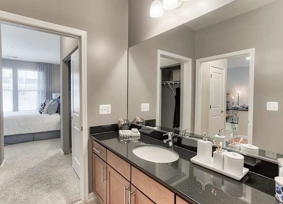 a bathroom with a large mirror and a sink
