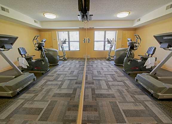 A gym with a treadmill and cardio machines.