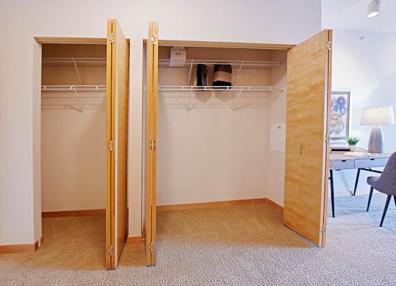 A room with a closet and a desk.