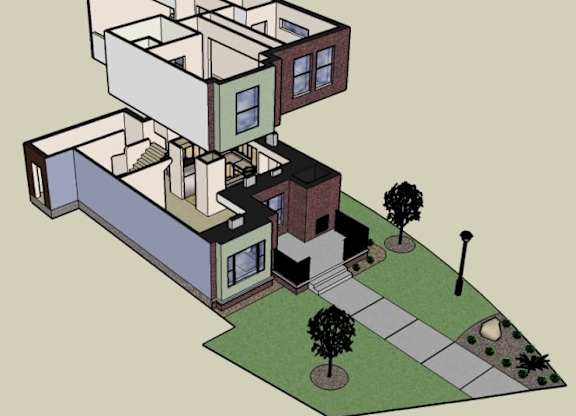 A 3D rendered image of a modern townhome unit with a green lawn and trees.